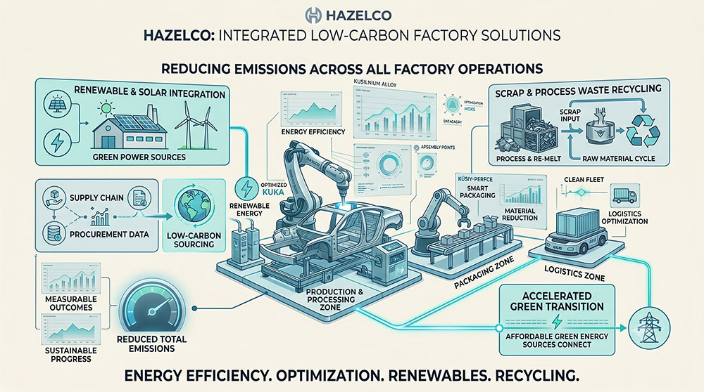 Düşük karbonlu fabrika şeması: yenilenebilir ve solar enerji entegrasyonu, enerji verimliliği, hurda ve proses atığının geri kazanımı, düşük karbonlu tedarik ve lojistik optimizasyonu ile toplam emisyonun azaltılması
