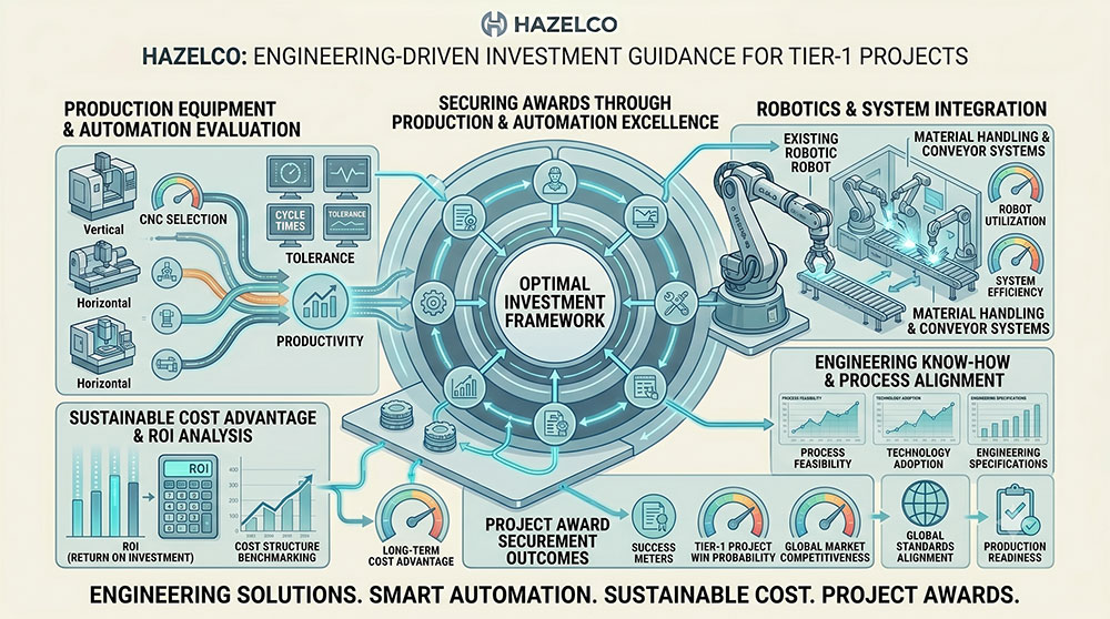 Tier-1 projeleri için yatırım rehberi şeması: CNC seçimi, çevrim süresi ve verimlilik, robot ve sistem entegrasyonu, ROI analizi ve sürdürülebilir maliyet avantajı